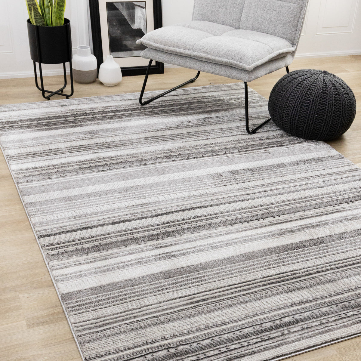 Contemporary Stripes Tribal Grey Area Rug