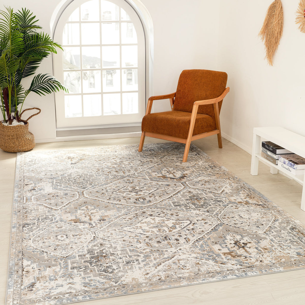 Sukoon Diamond Medallion Traditional Grey and Beige Indoor Rug