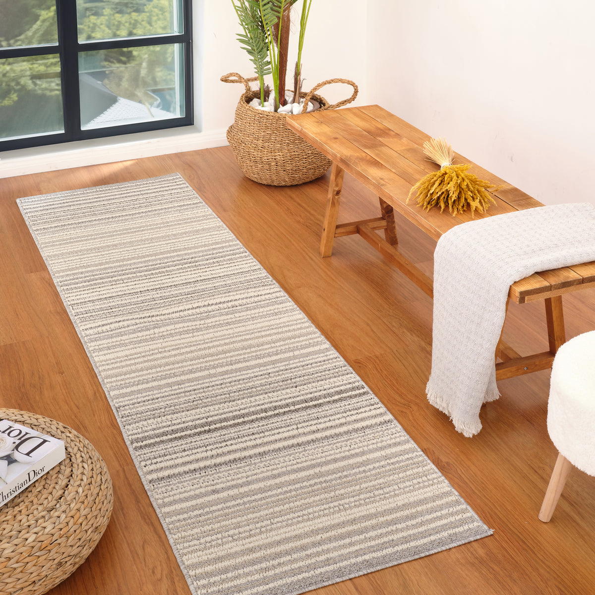 Sena Striped Contemporary Grey and Beige Indoor Rug