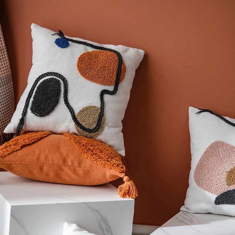 Tufted White/Rust Pillow with Insert & Cover