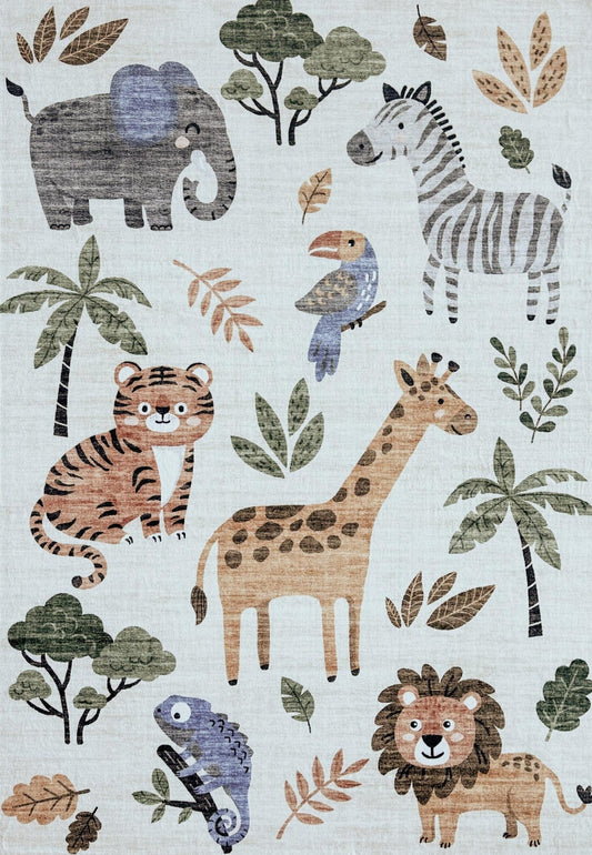 Kids Soft Steps Playtime Cartoon Animals White Rug