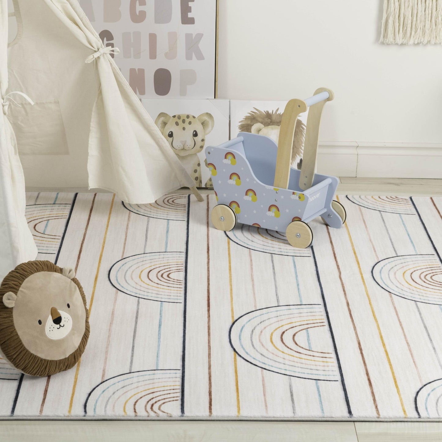 Tapis de jeu arc-en-ciel coloré rayé Soft Steps Playtime, tapis doux bleu