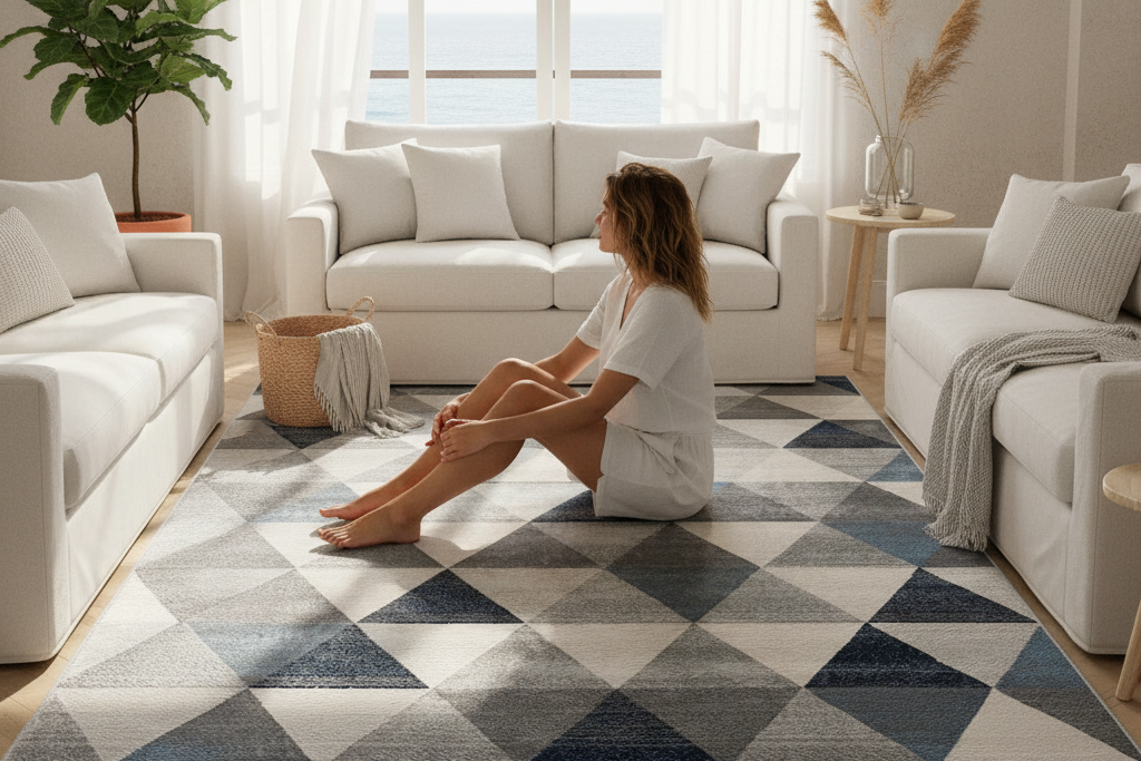Woman sitting on a geometric patterned rug in a modern living room.