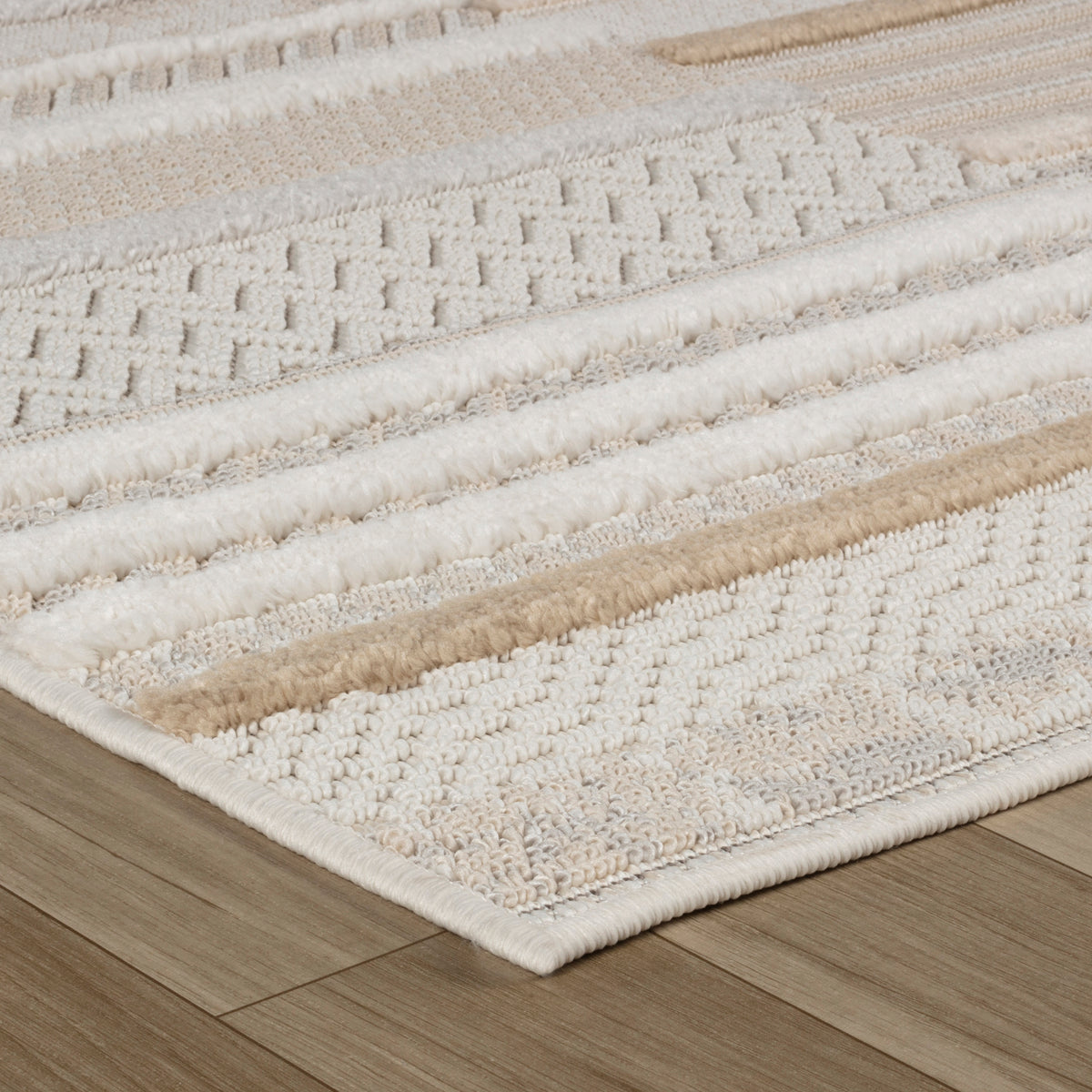 Ivara Patchwork Stripe Comtemporary Beige and Cream Indoor Rug