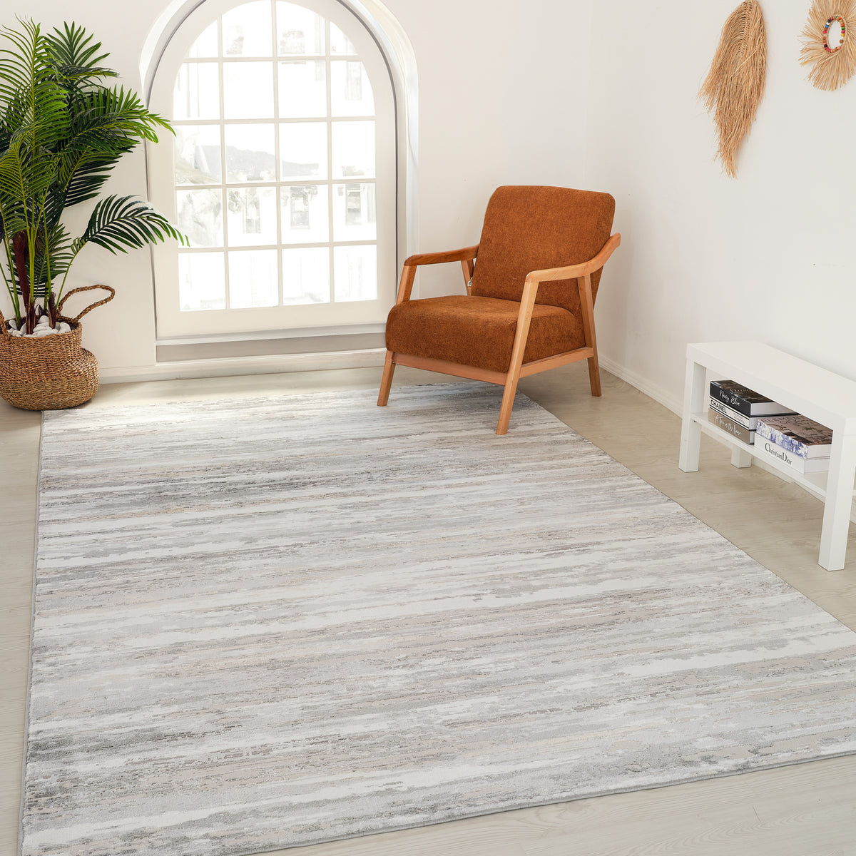 Alfombra de interior contemporánea Esker a rayas beige y gris