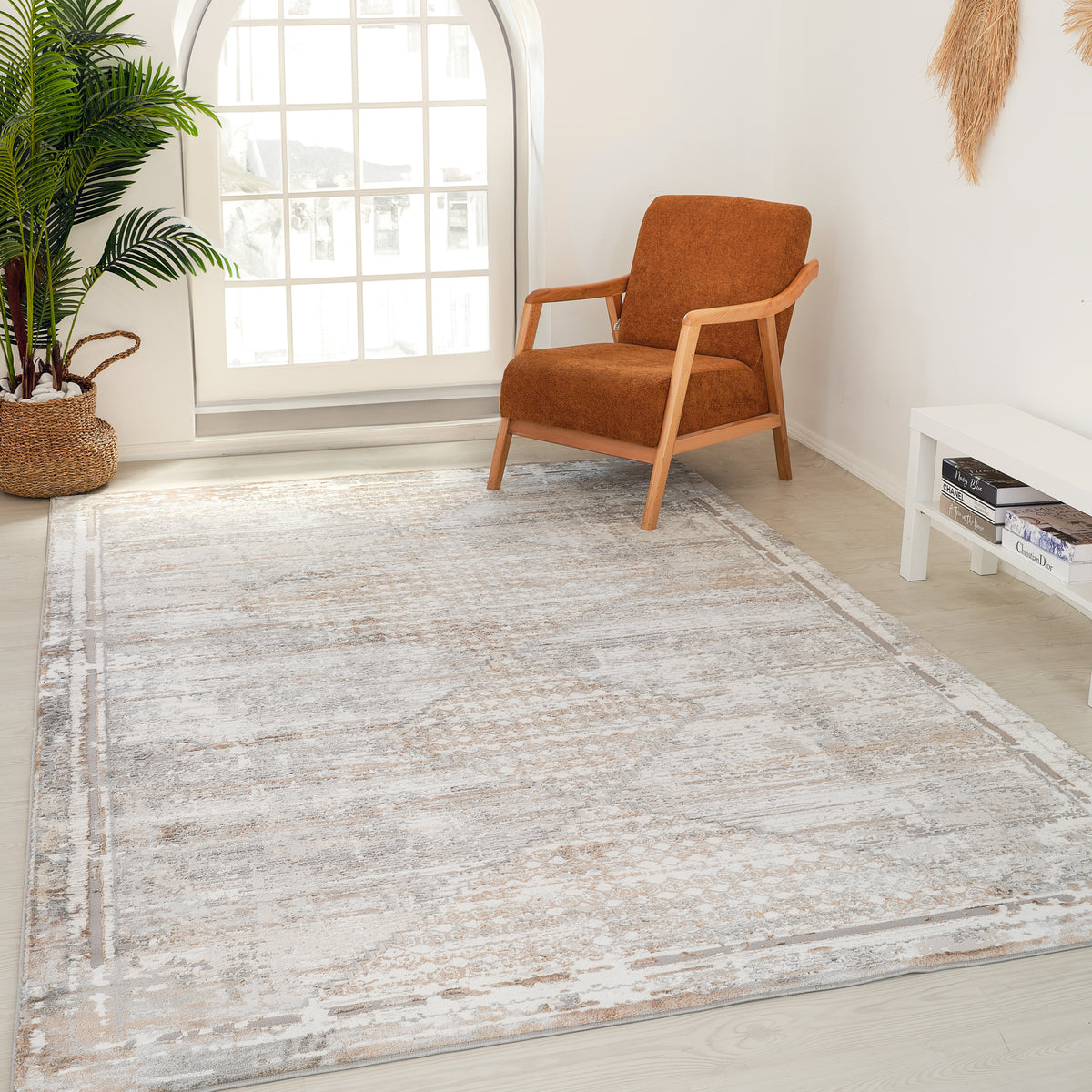 Kora Distressed Geometric Transitional Brown and Grey Indoor Rug