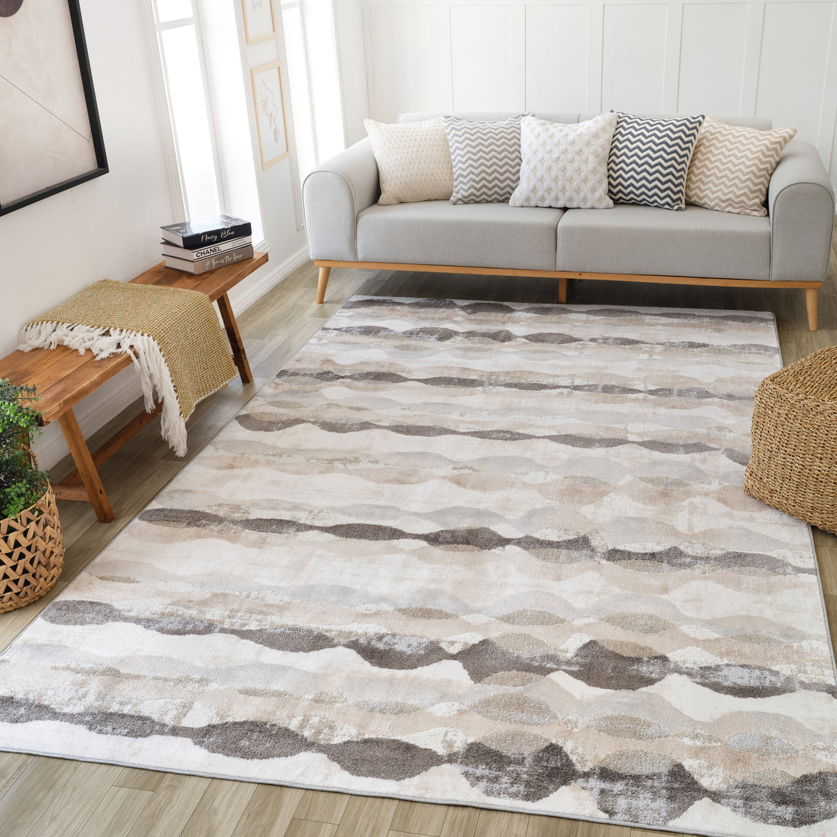 Hamon Abstract Wave Contemporary Grey and Beige Indoor Rug