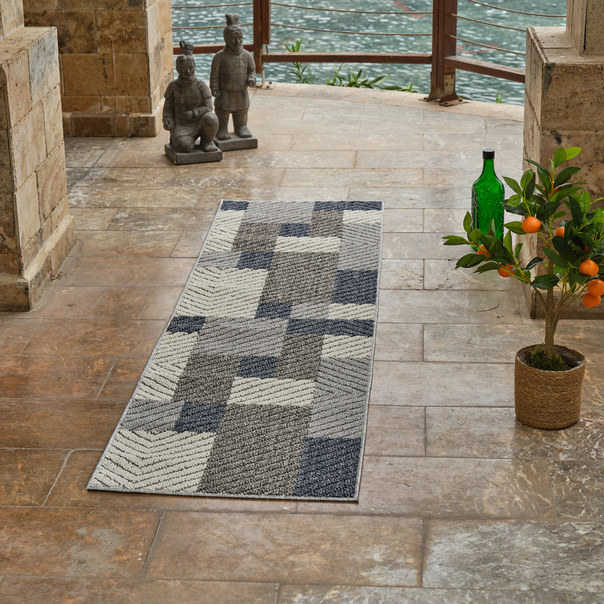 Mandala Patchwork Contemporary Grey and Blue Indoor Rug