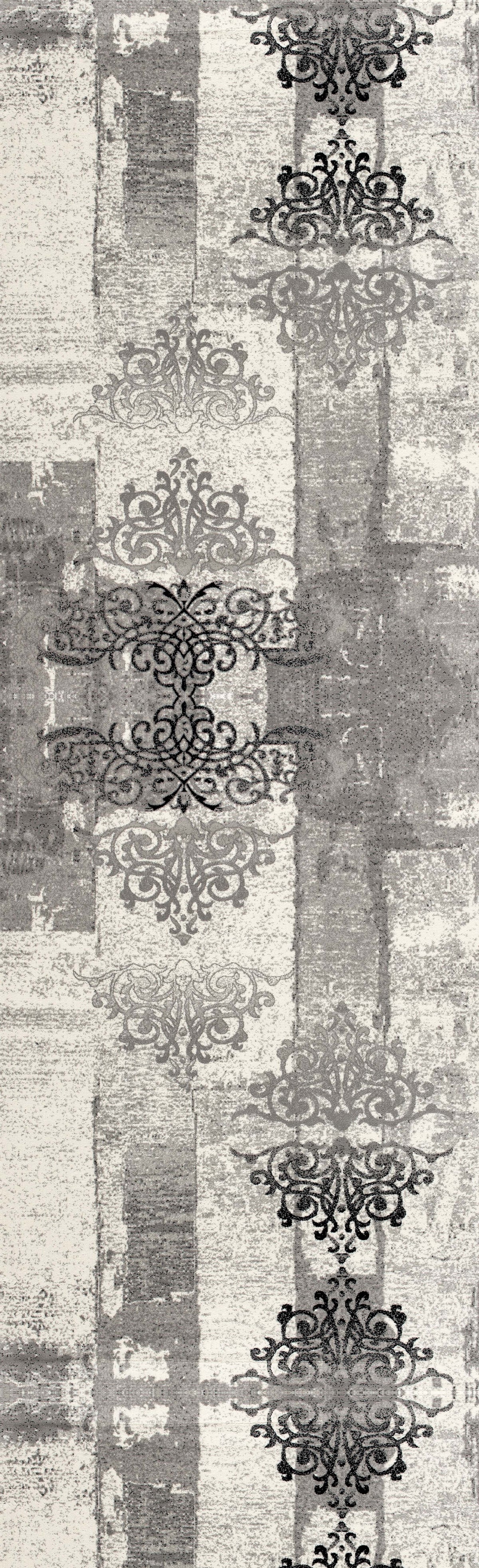 Hikari Distressed Damask Contemporary Grey and Black Indoor Rug