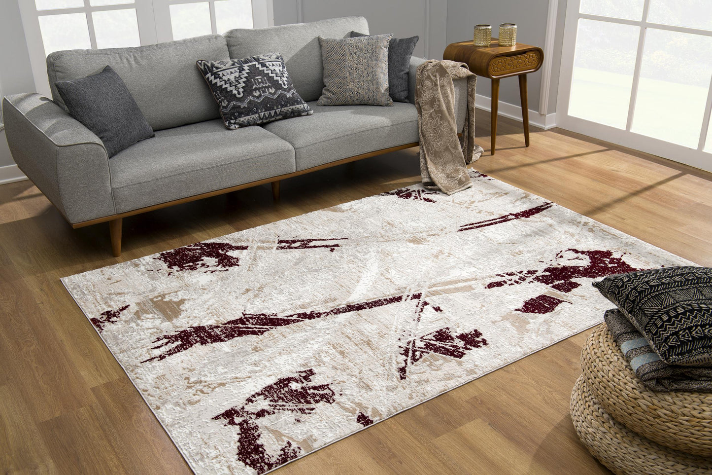 Cascade Collection Modern Abstract Area Rug, Grey / Navy / Red