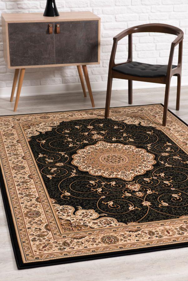 Alfombra Tradicional de Interior Parisa de Medallón Persa en Negro y Beige