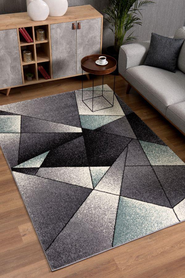 Nour Geometric Contemporary Grey and Blue Indoor Rug