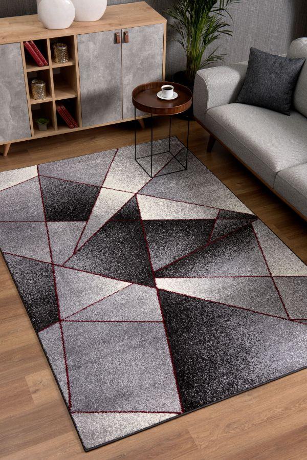 Nour Geometric Contemporary Grey and Red Indoor Rug