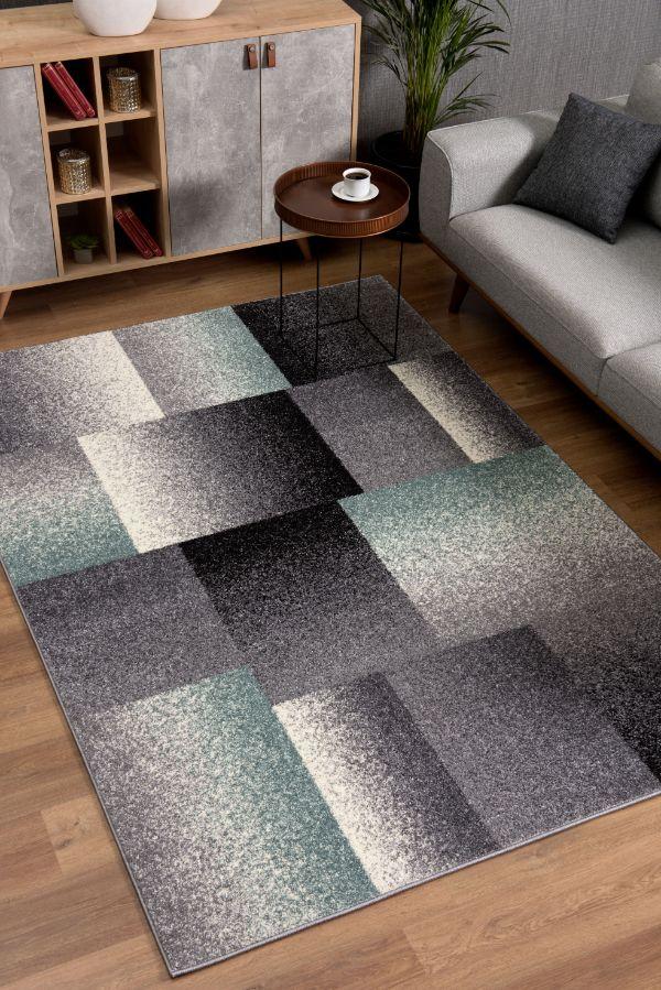 Riwaq Abstract Contemporary Grey and Blue Indoor Rug