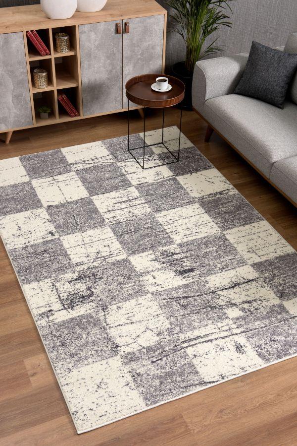 Nova Collection Modern Checkered Area Rug - White Grey