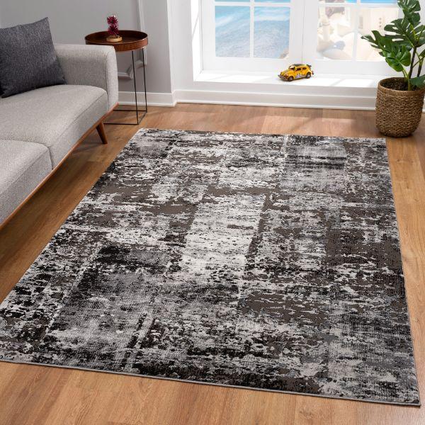 Alfombra de interior contemporánea abstracta obsidiana gris y negra