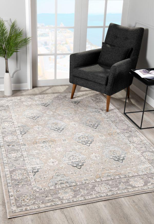 Marvella Damask Transitional Grey and Cream Indoor Rug