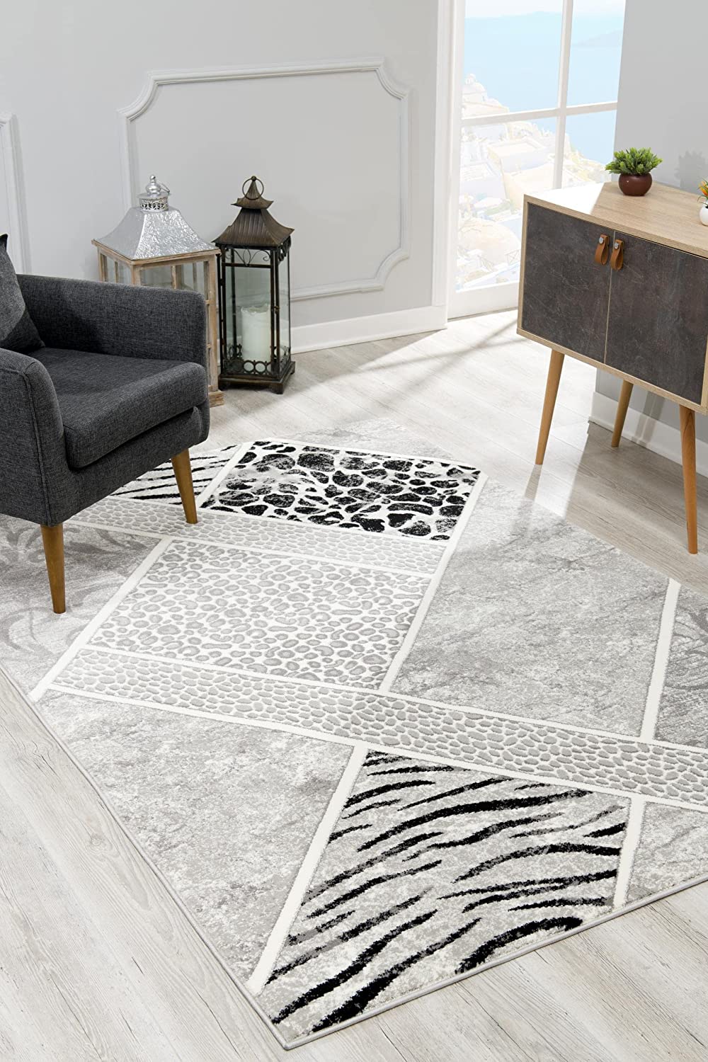 Tapis gris à imprimé animal géométrique Montage