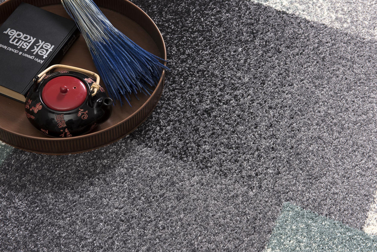 Riwaq Abstract Contemporary Grey and Blue Indoor Rug