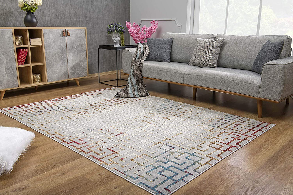 Mirello Abstract Contemporary Grey and Red Indoor Rug