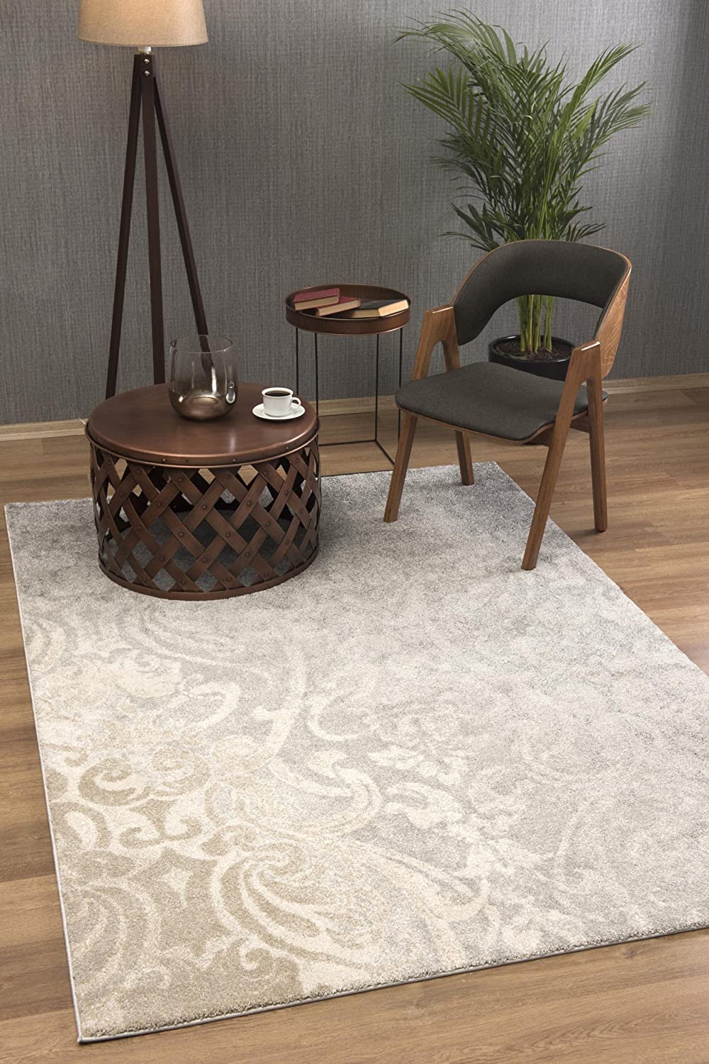 Adrian Distressed Damask Transitional Grey and Beige Indoor Rug