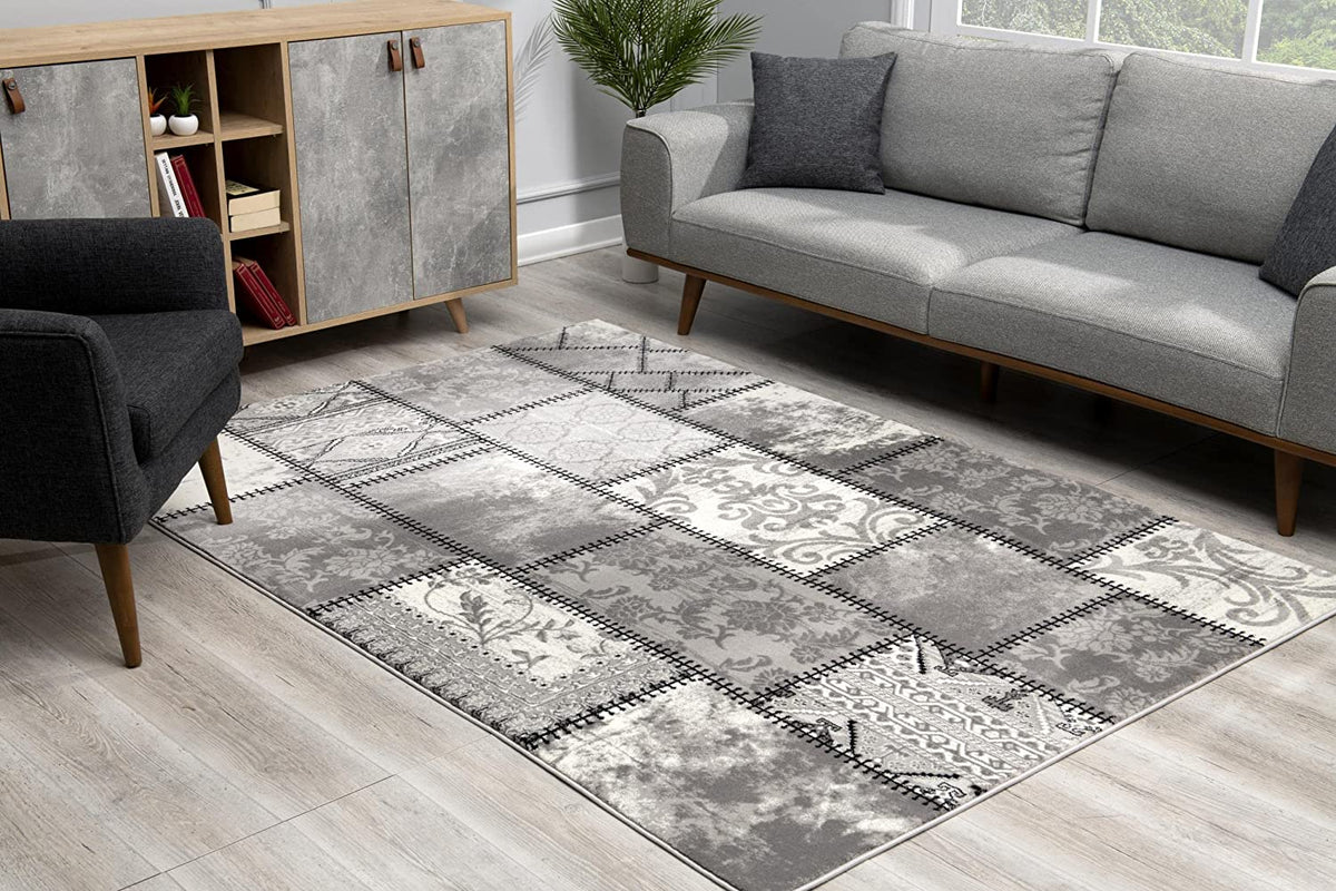 Vastra Patchwork Contemporary Grey and Beige Indoor Rug