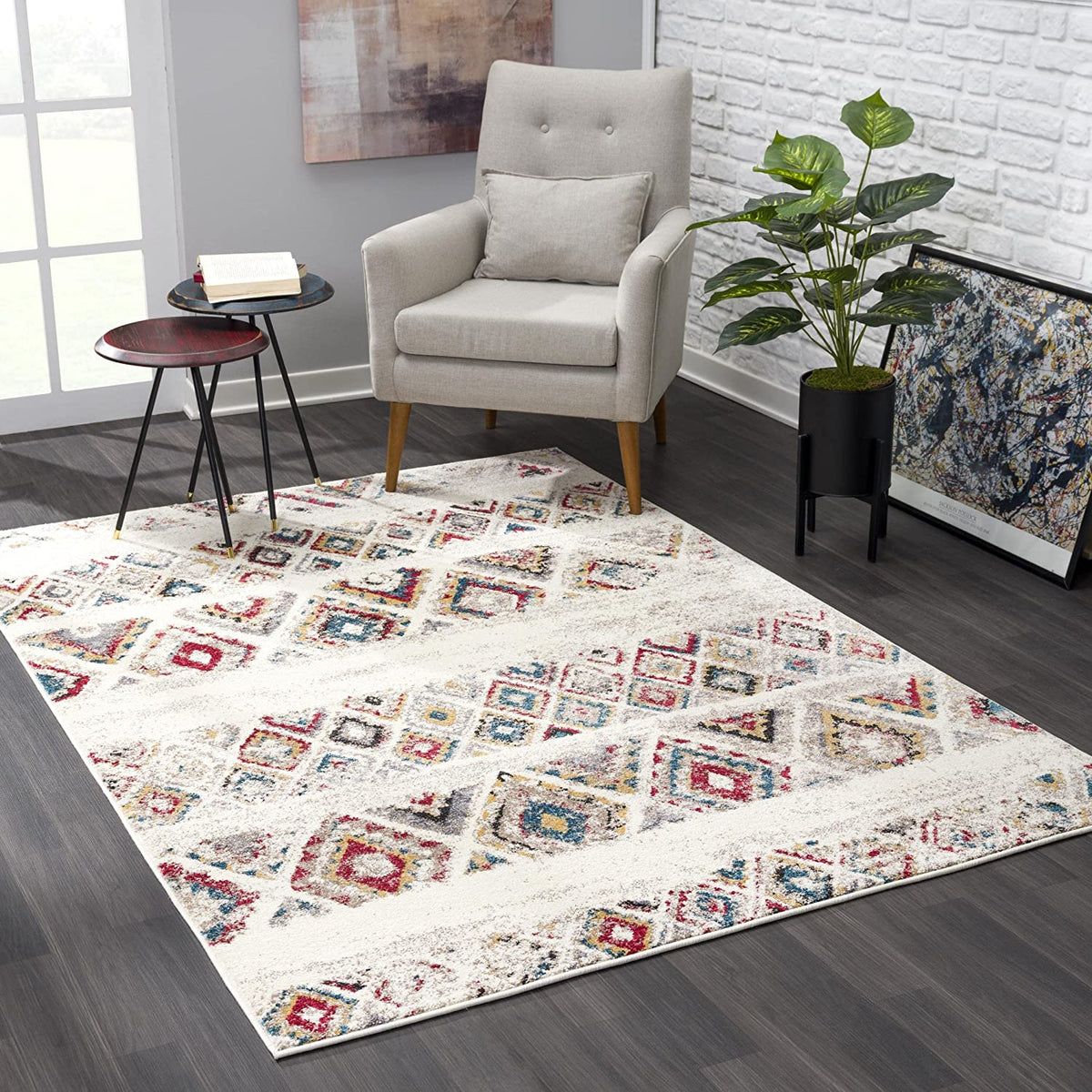 Alfombra Safa Boho Contemporánea Crema y Roja para Interiores