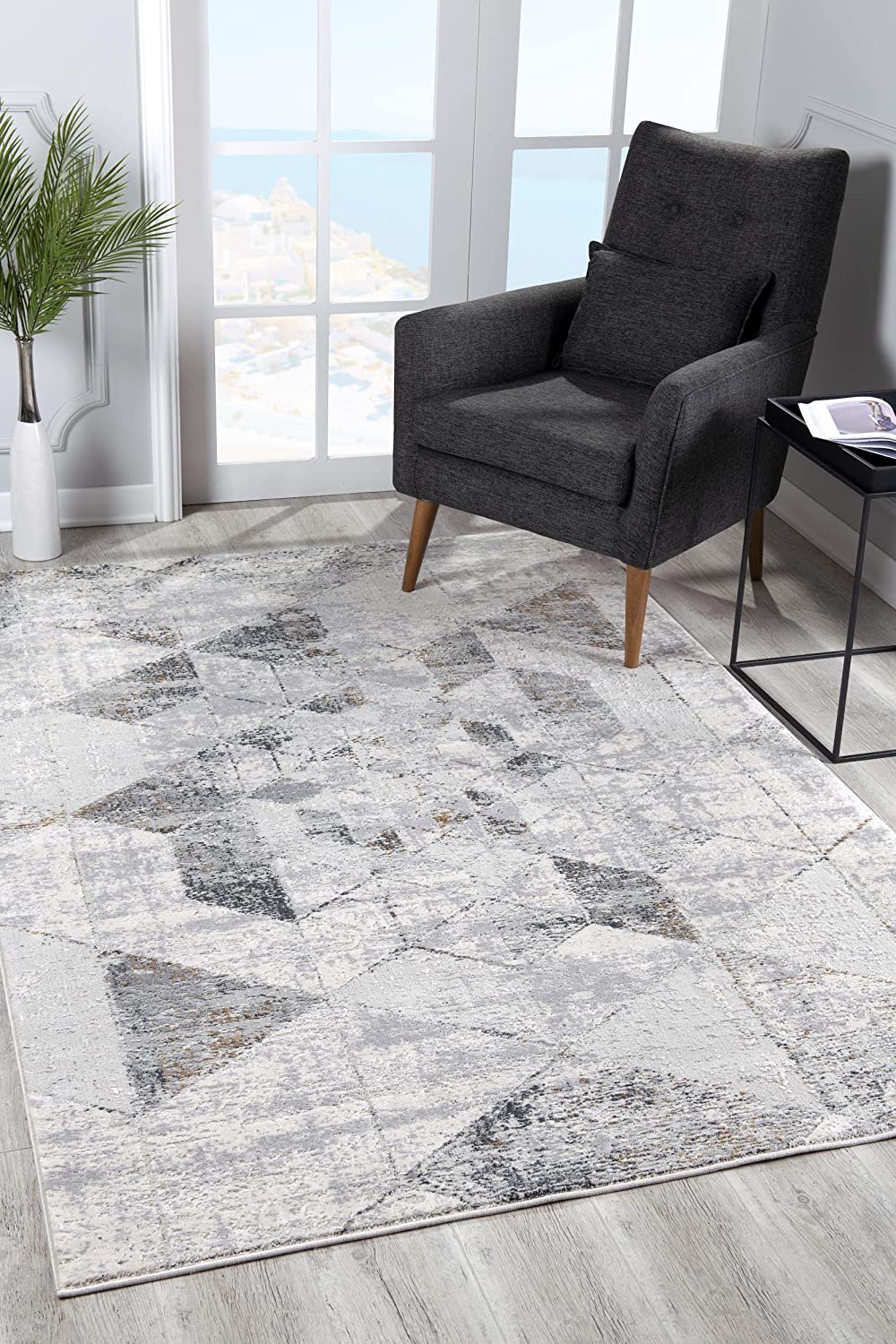 Alfombra de interior geométrica contemporánea Zuni gris y crema