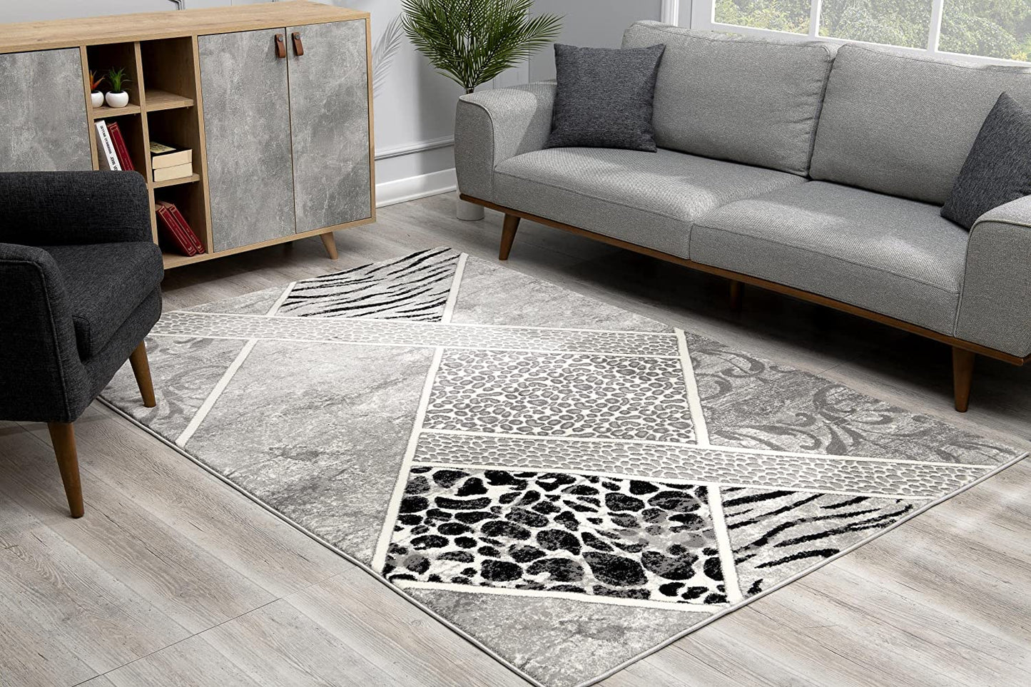 Tapis gris à imprimé animal géométrique Montage