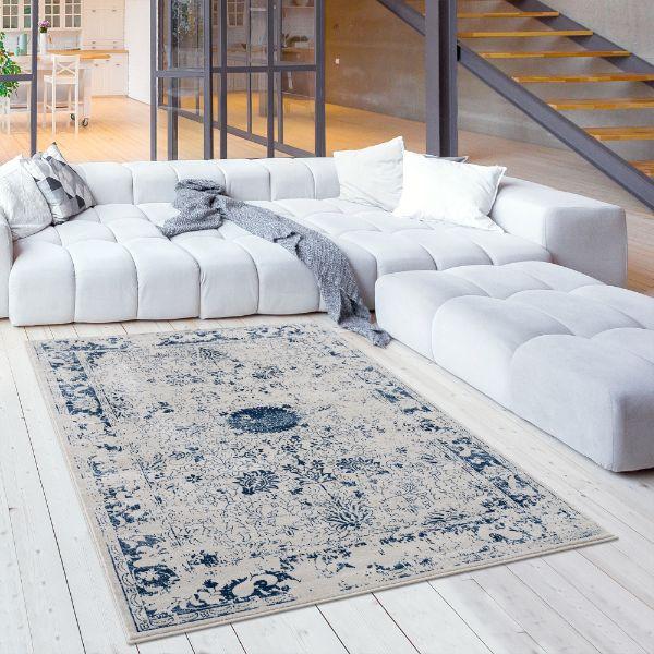 Havana Collection Traditional Oriental Distressed Area Rug and Runner - Navy Blue