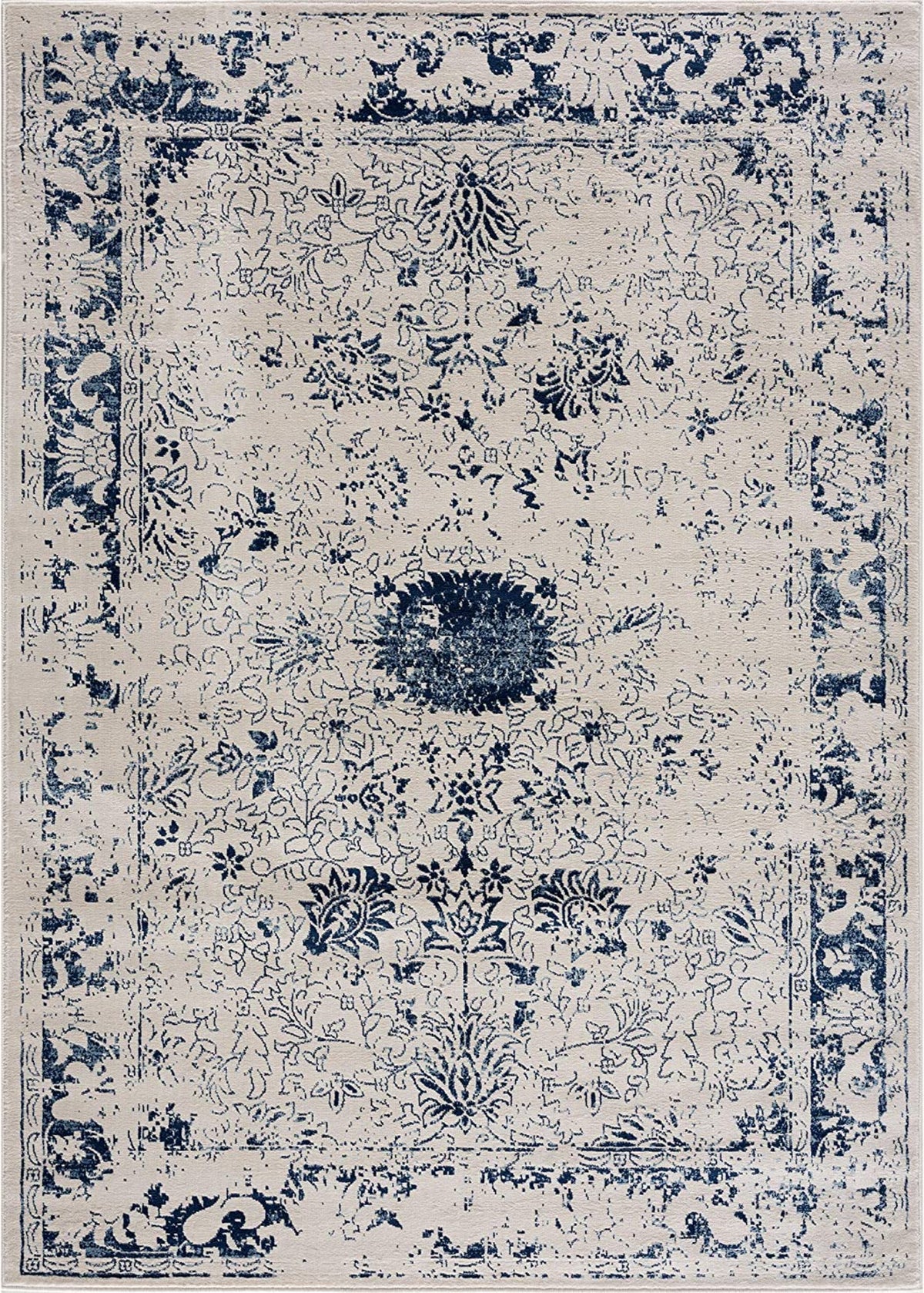 Naveen Floral Medallion Contemporary Navy Blue and Cream Indoor Rug