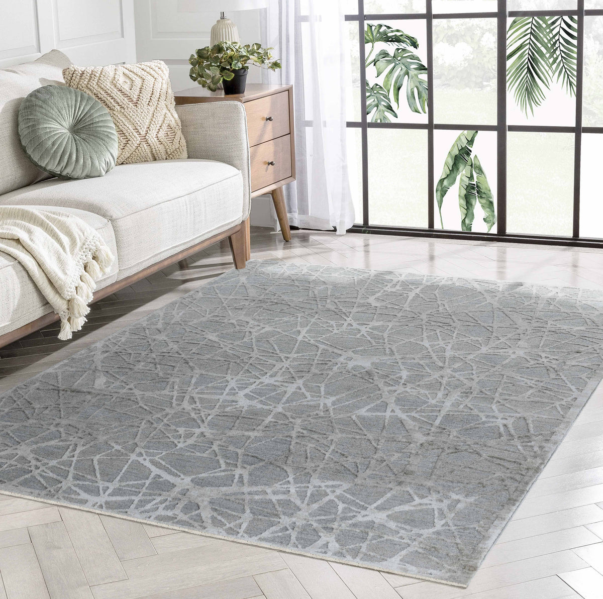 Vetra Abstract Web Contemporary Blue and Beige Indoor Rug
