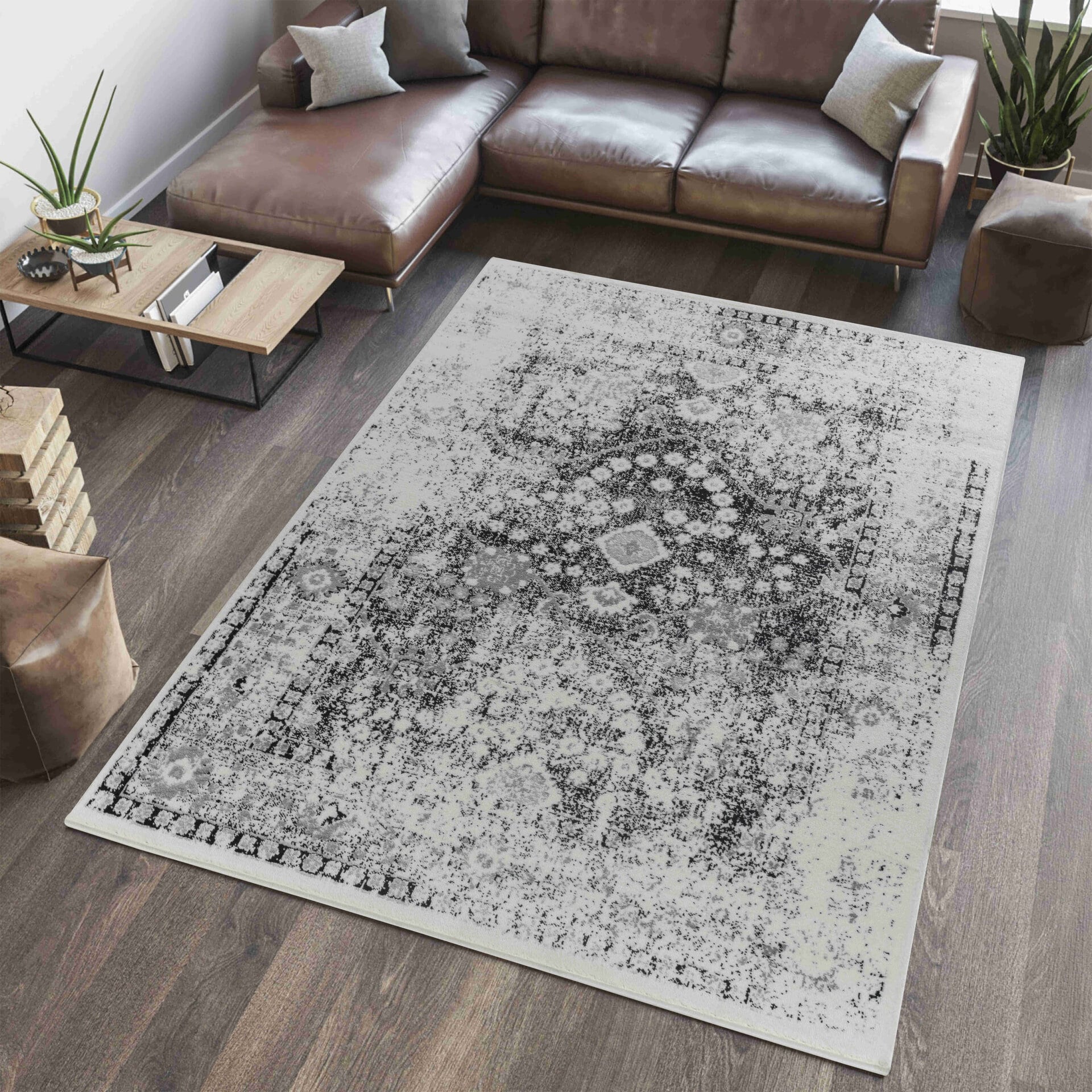Distressed Oriental Black Grey Indoor Area Rug