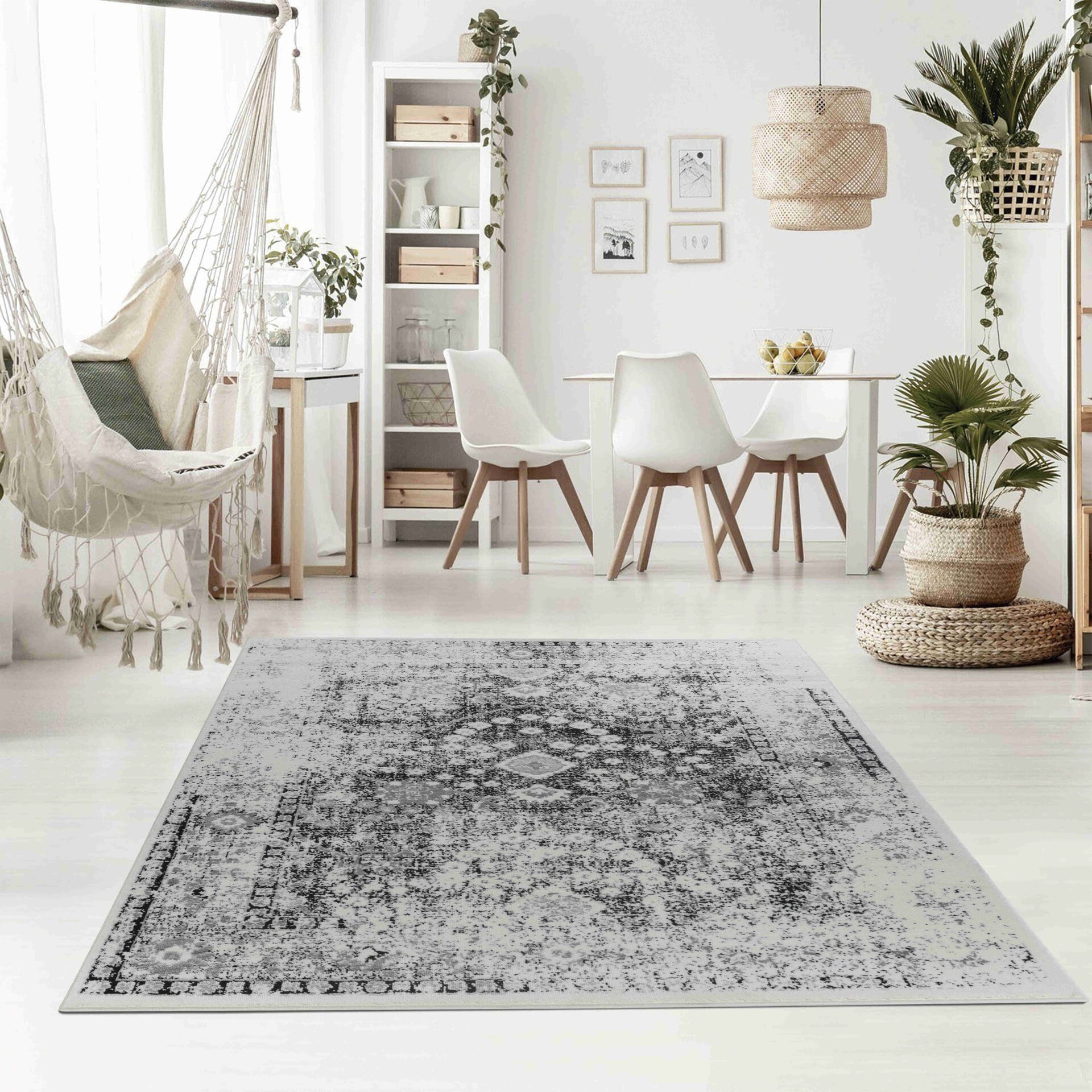 Distressed Oriental Black Grey Indoor Area Rug