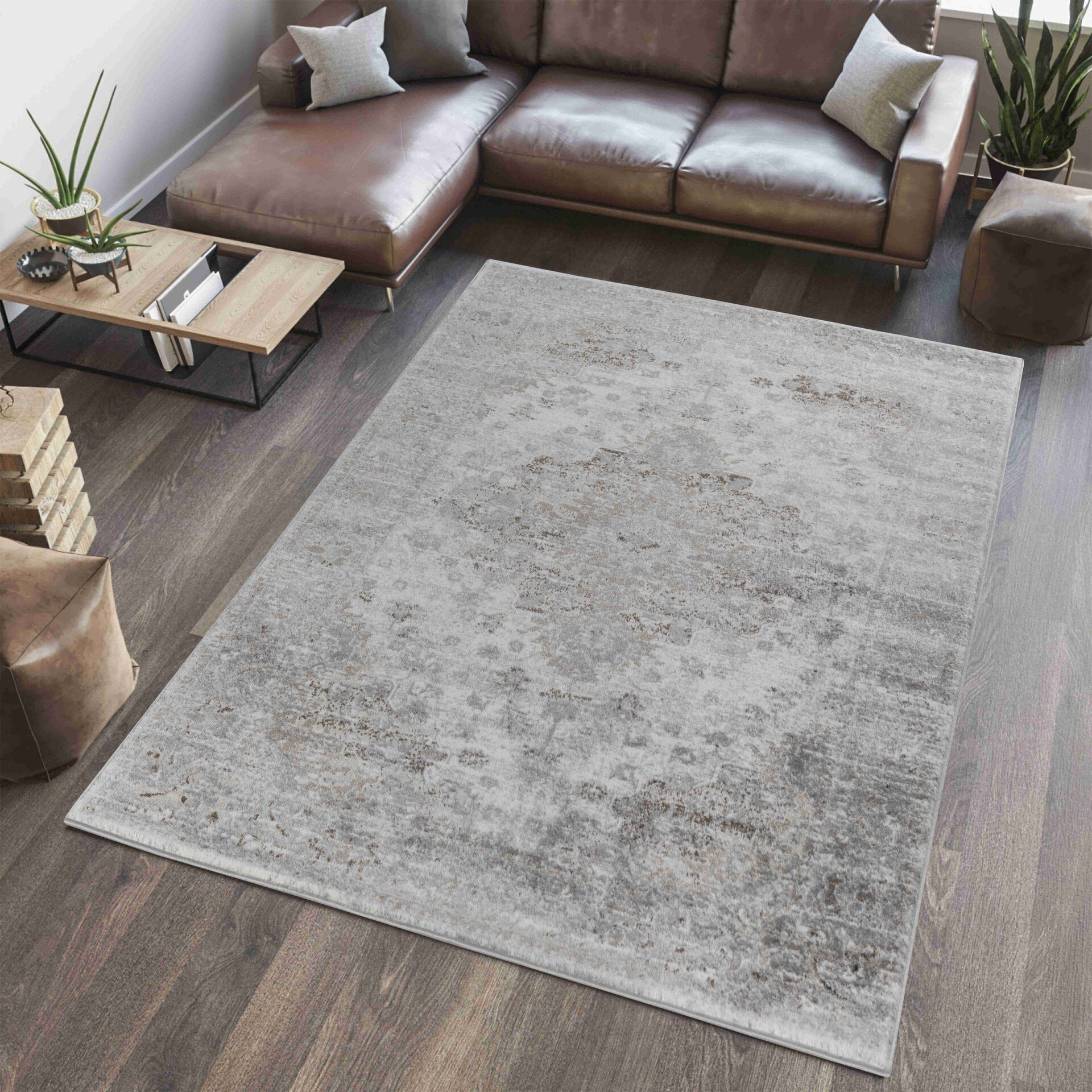 Oriental Distressed Brown Grey Indoor Area Rug