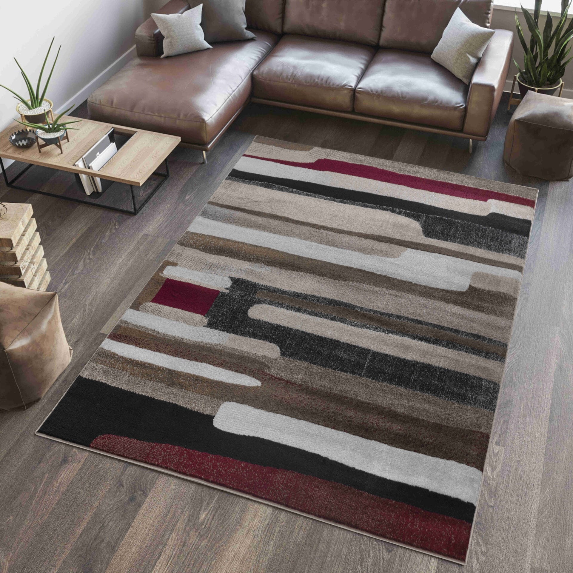 Abstract Mid-Century Modern Brown Red Indoor Area Rug