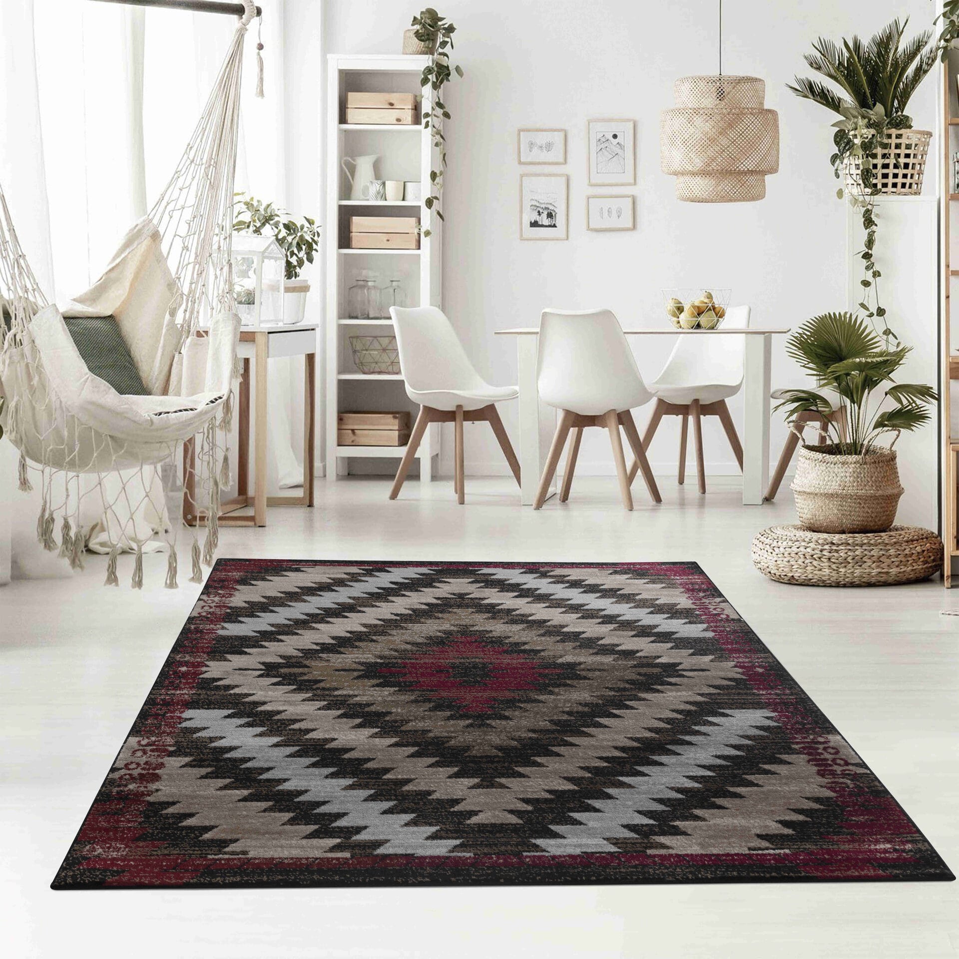 Modern Boho Geometric Brown Red Indoor Area Rug