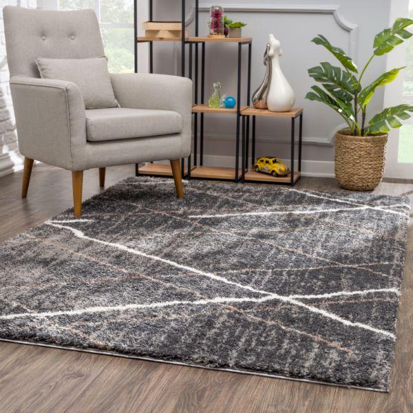 Alfombra de interior geométrica contemporánea Arden, gris y blanca