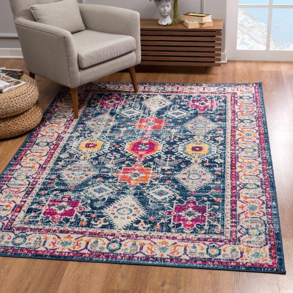 Savannah Collection Oriental Area Rug and Runner, Navy