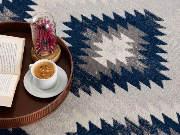 Savannah Collection Modern Ikat Area Rug And Doormat, Blue