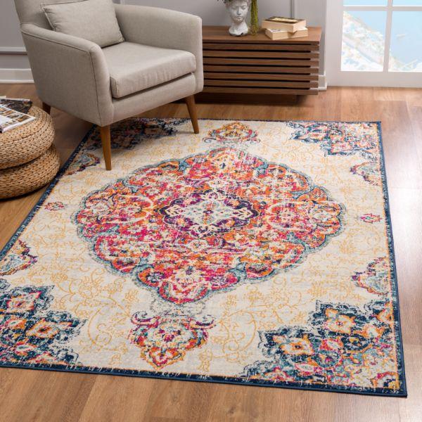 Floria Floral Medallion Traditional Pink and Cream Indoor Rug