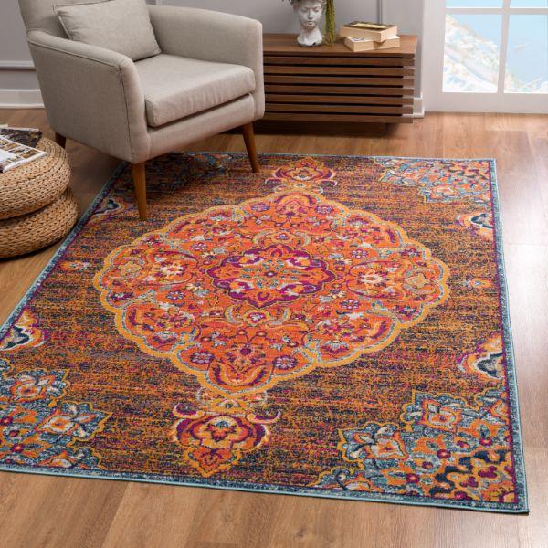 Floria Floral Medallion Traditional Blue and Pink Indoor Rug