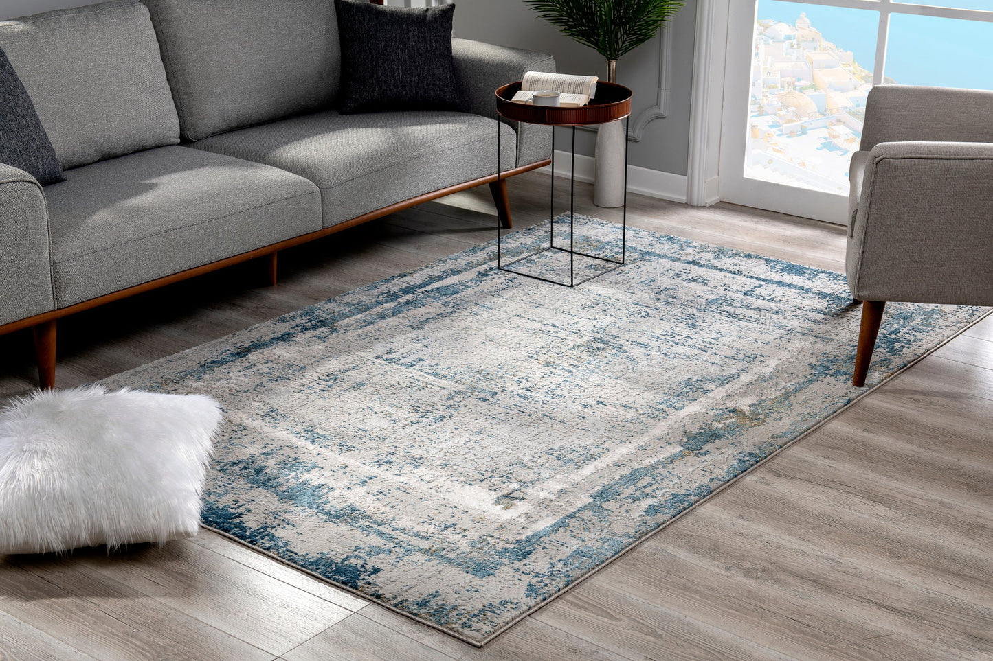 Tapis bleu contemporain abstrait Mirage