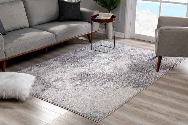 Serica Distressed Damask Transitional Grey and Beige Indoor Rug