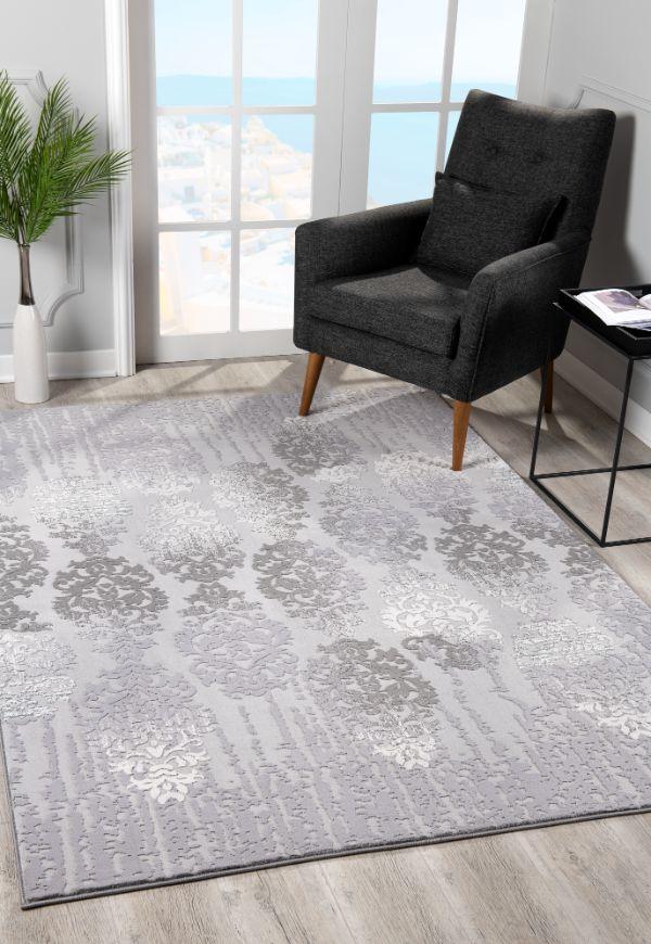 Oasis Collection Modern Damask Area Rug And Doormat, Grey