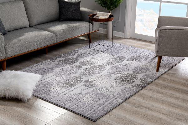 Oasis Collection Modern Damask Area Rug And Doormat, Grey