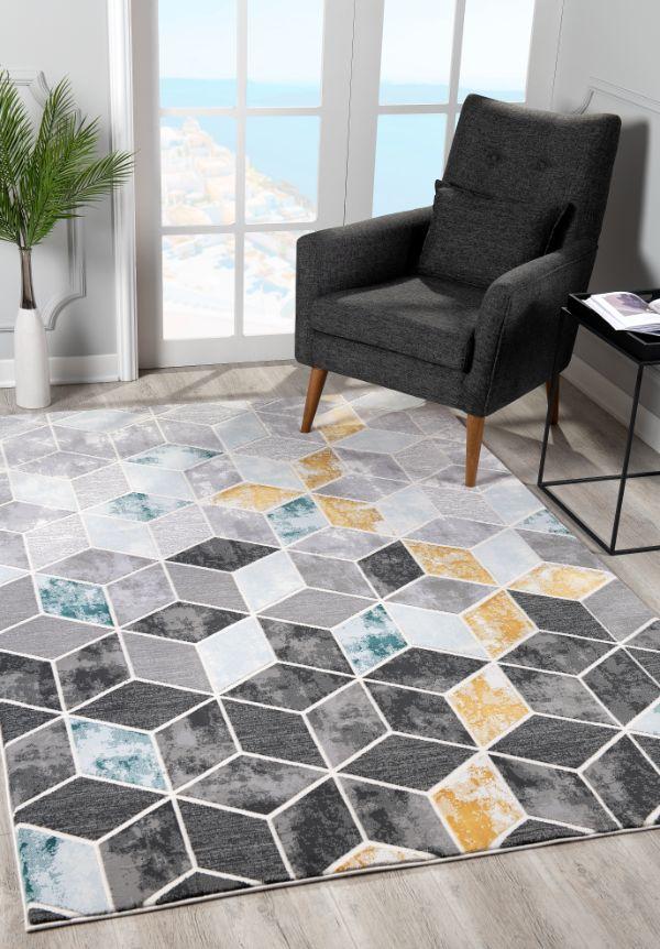 Alfombra de Interior Geométrica Contemporánea Kubo Gris y Amarilla
