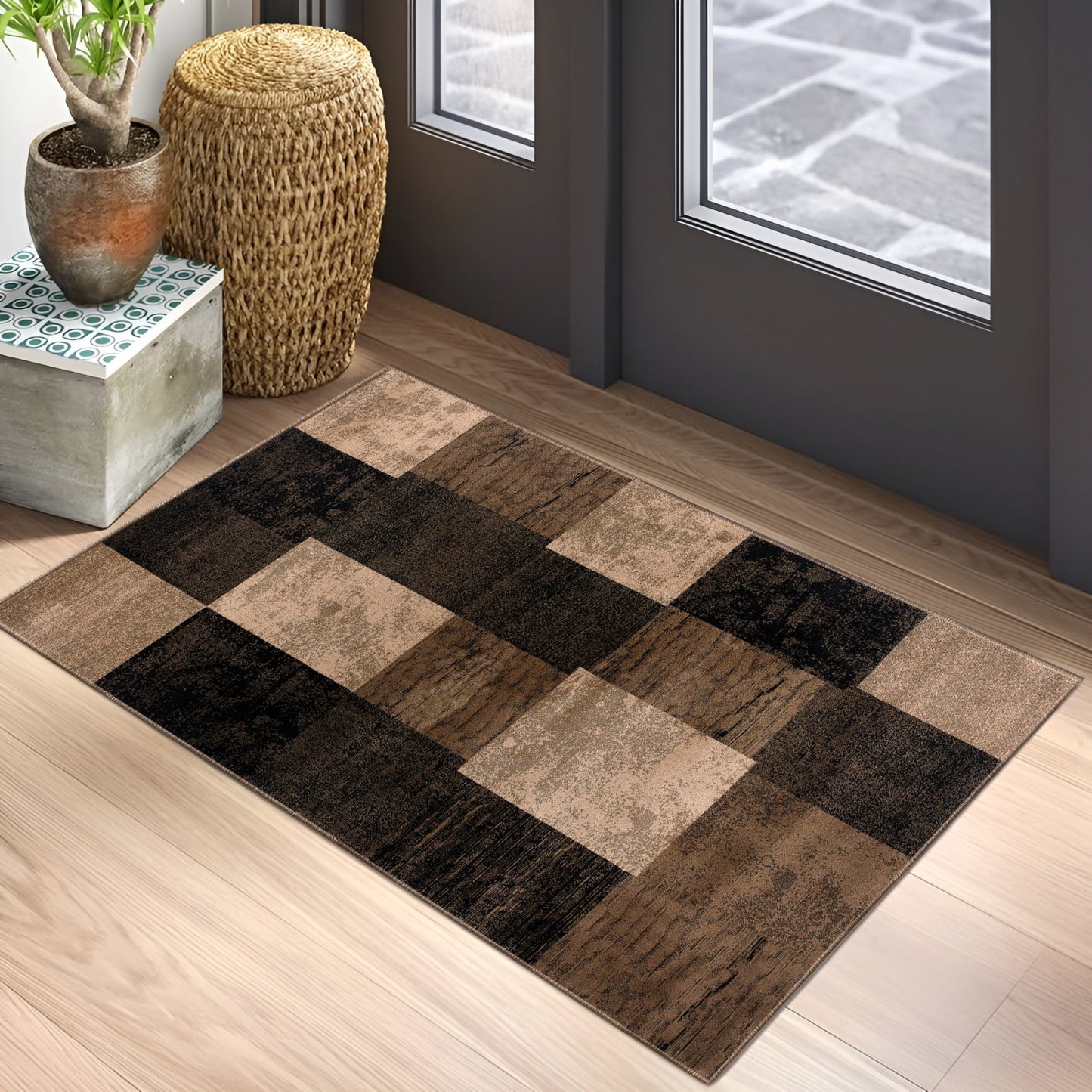 Tapis marron à carreaux géométriques Montage