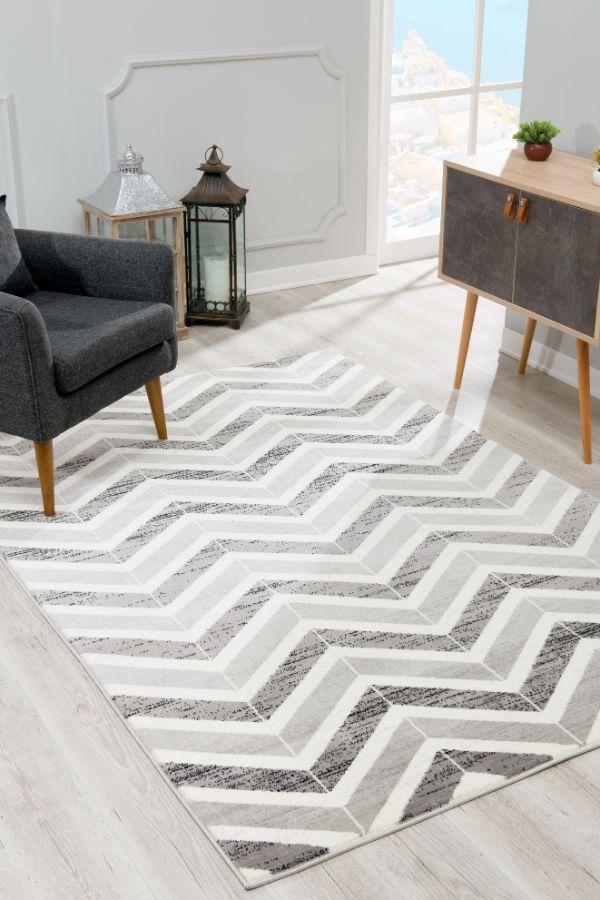 Alfombra de interior contemporánea Kirei Chevron gris y beige